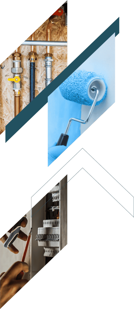 Rénovation d'intérieure - montage photo de 3 visuels dans des formes de trapèze dynamique (reprenant un partie du logo) - Nous trouvons une photo de tuyau de plomberie ainsi qu'une image d'un peintre avec son rouleau de peinture et plus bas une photo d'une main intervenant dans le compteur électrique